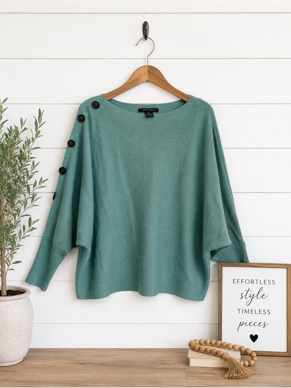 💚 Faith & Zoe Ribbed Dolman Sweater XL | Button Sleeve Knit Top Sage Green